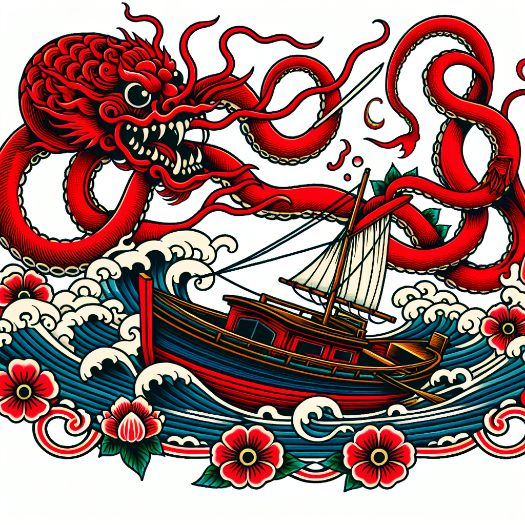 Japanese "A boat attacked by a kraken in the water, only in red" Tattoo Design