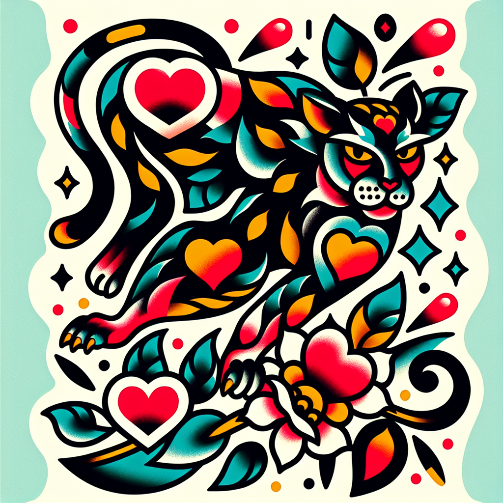 Traditional "A panther with heart-shaped spots." Tattoo Design