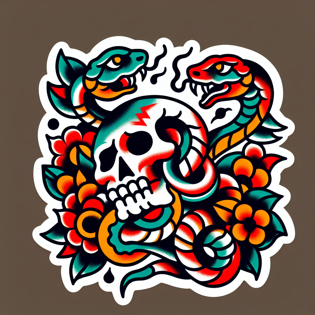 Traditional "Two snakes and a skull." Tattoo Design