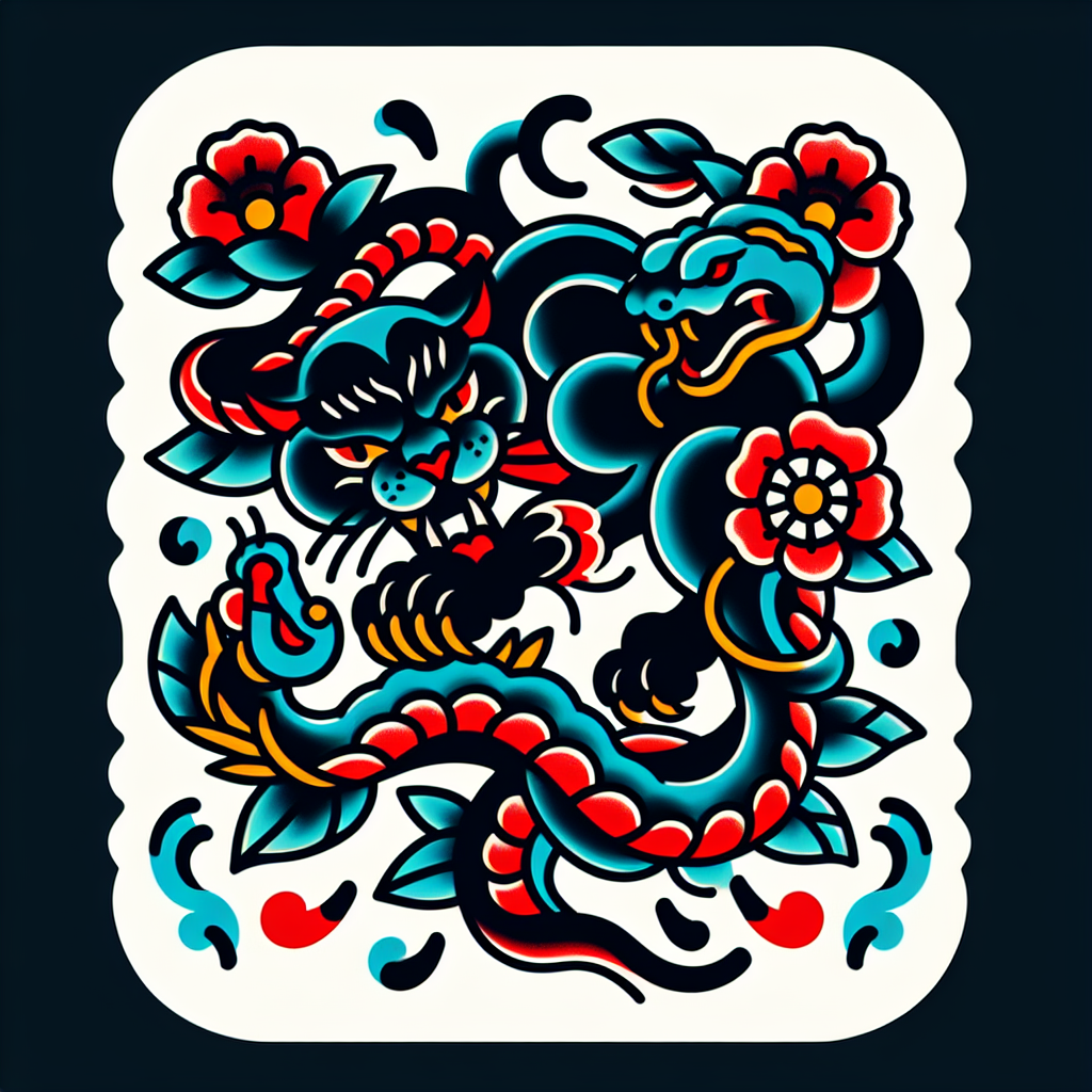 Traditional "a panther fighting a snake" Tattoo Design