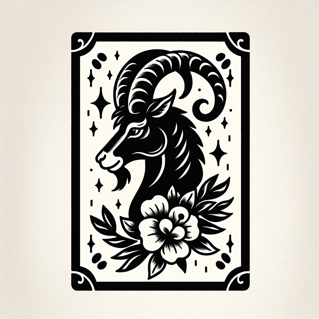 Traditional "A capricorn with flowers" Tattoo Design