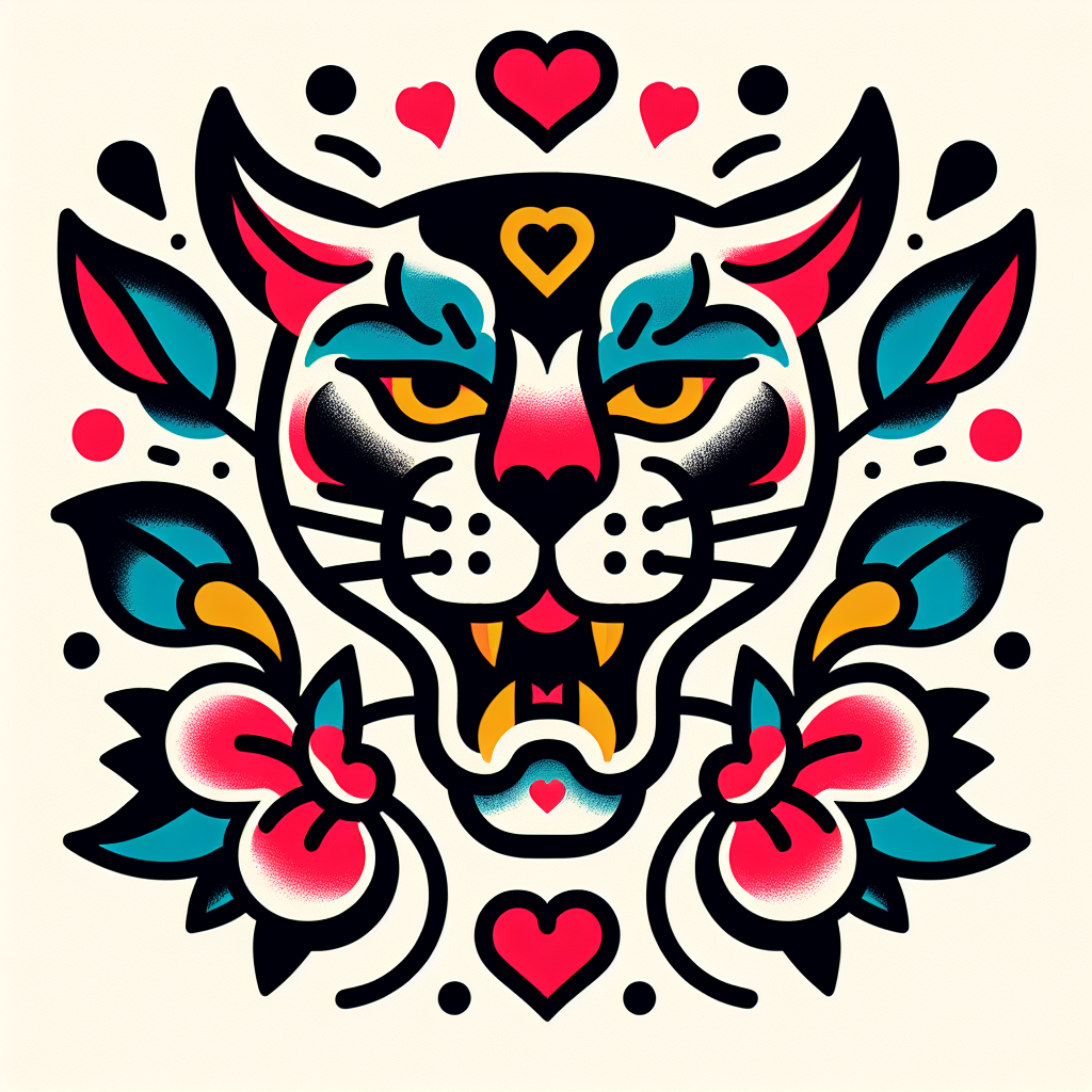 Traditional "A panther head with heart-shaped spots." Tattoo Design