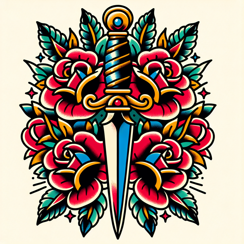 Traditional "a dagger with roses" Tattoo Design