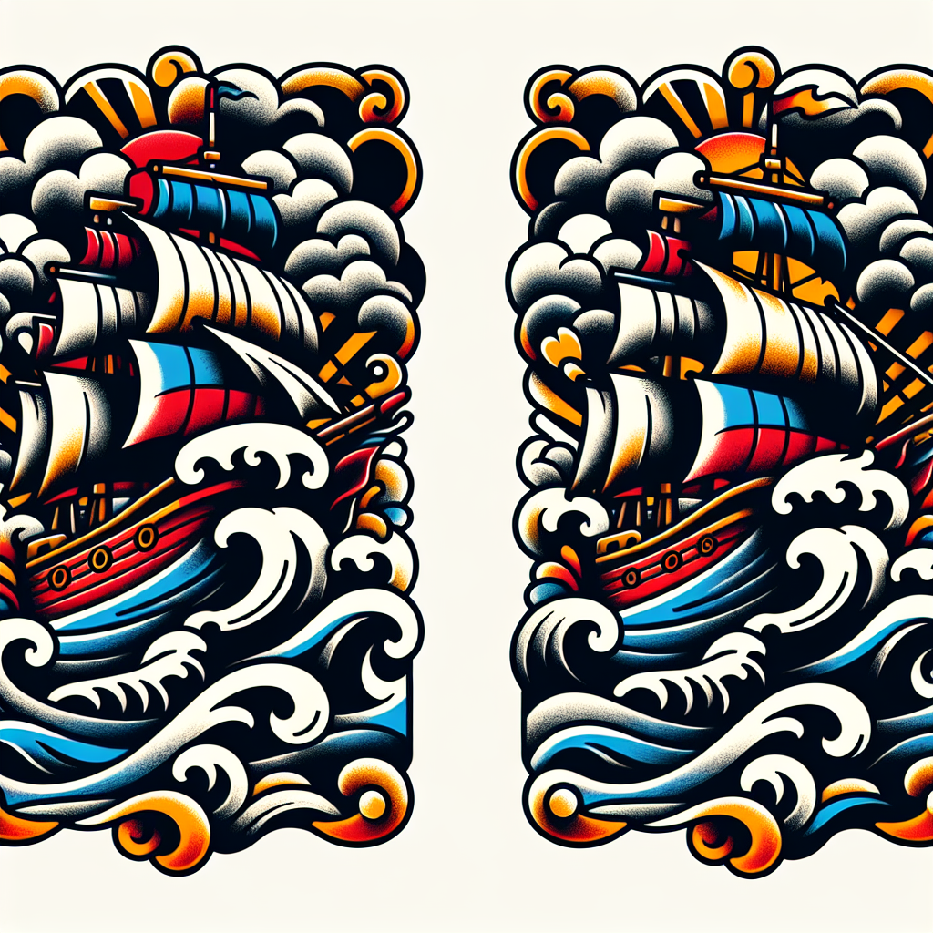 Traditional "Ship sailing through stormy waves." Tattoo Design