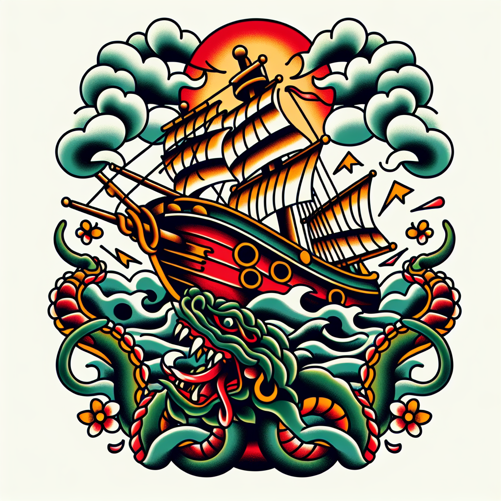 Traditional "A boat attacked by a Kraken in the water" Tattoo Design