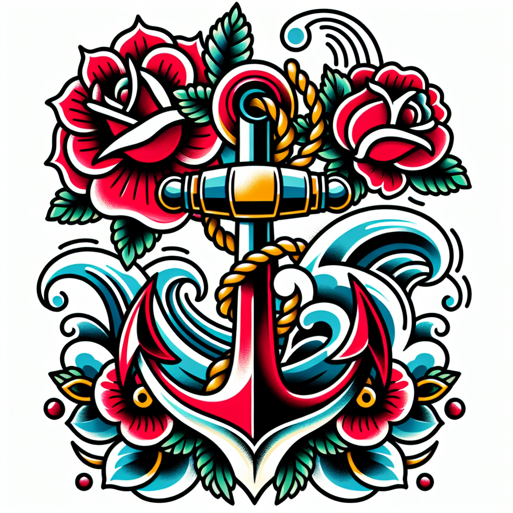 Traditional "Anchor with roses and waves." Tattoo Design
