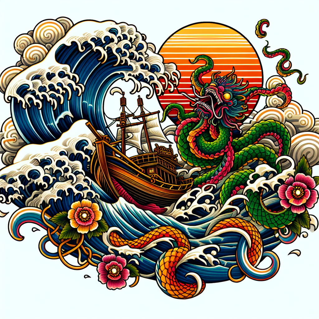 Japanese "A boat attacked by a kraken in the water" Tattoo Design
