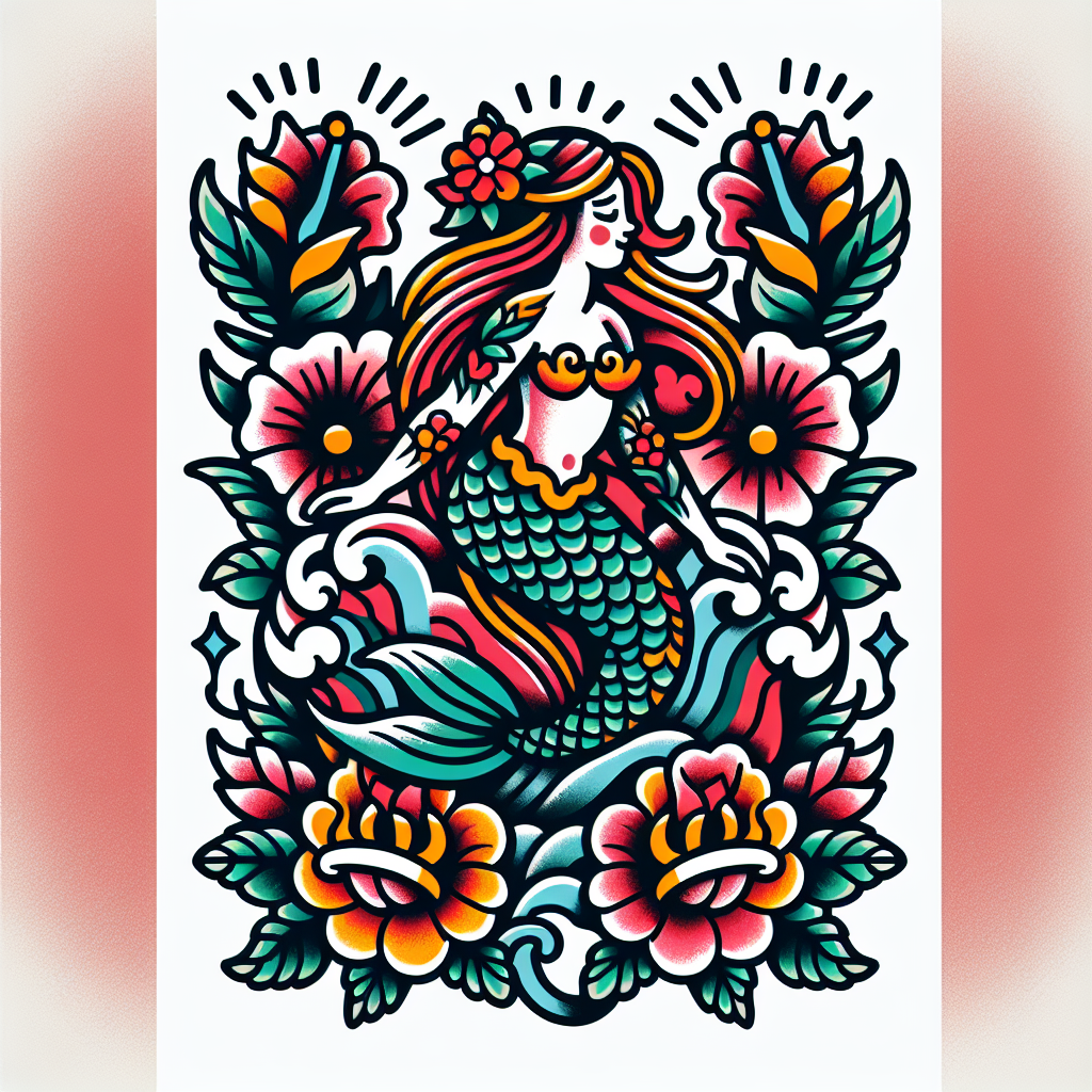 Traditional "A mermaid with flowers around." Tattoo Design