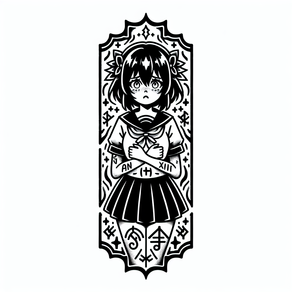 Traditional "anxiety as an anime girl" Tattoo Design