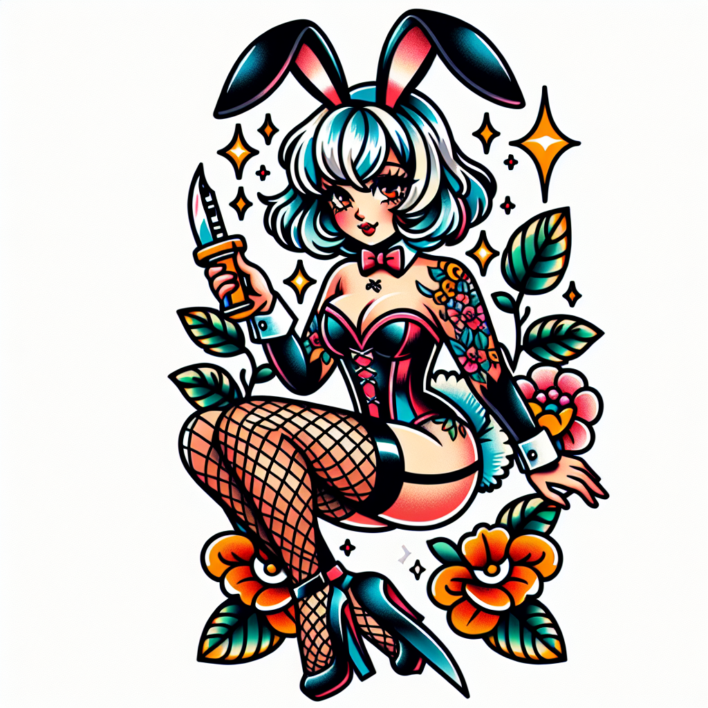 Anime Girl Wearing A Bunny Suit, Fishnets, And Heels Holding A Switchblade