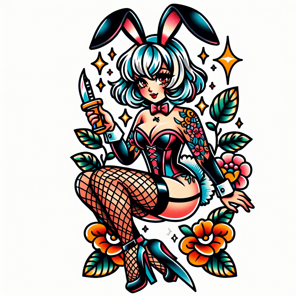 Traditional "anime girl wearing a bunny suit, fishnets, and heels holding a switchblade" Tattoo Design