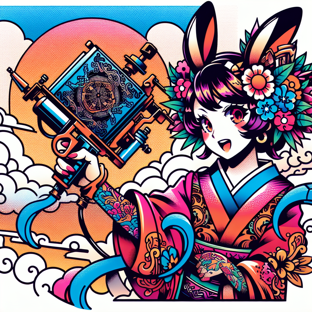 Traditional "anime girl with cloud hair and bunny ears holding a tattoo machine gun" Tattoo Design