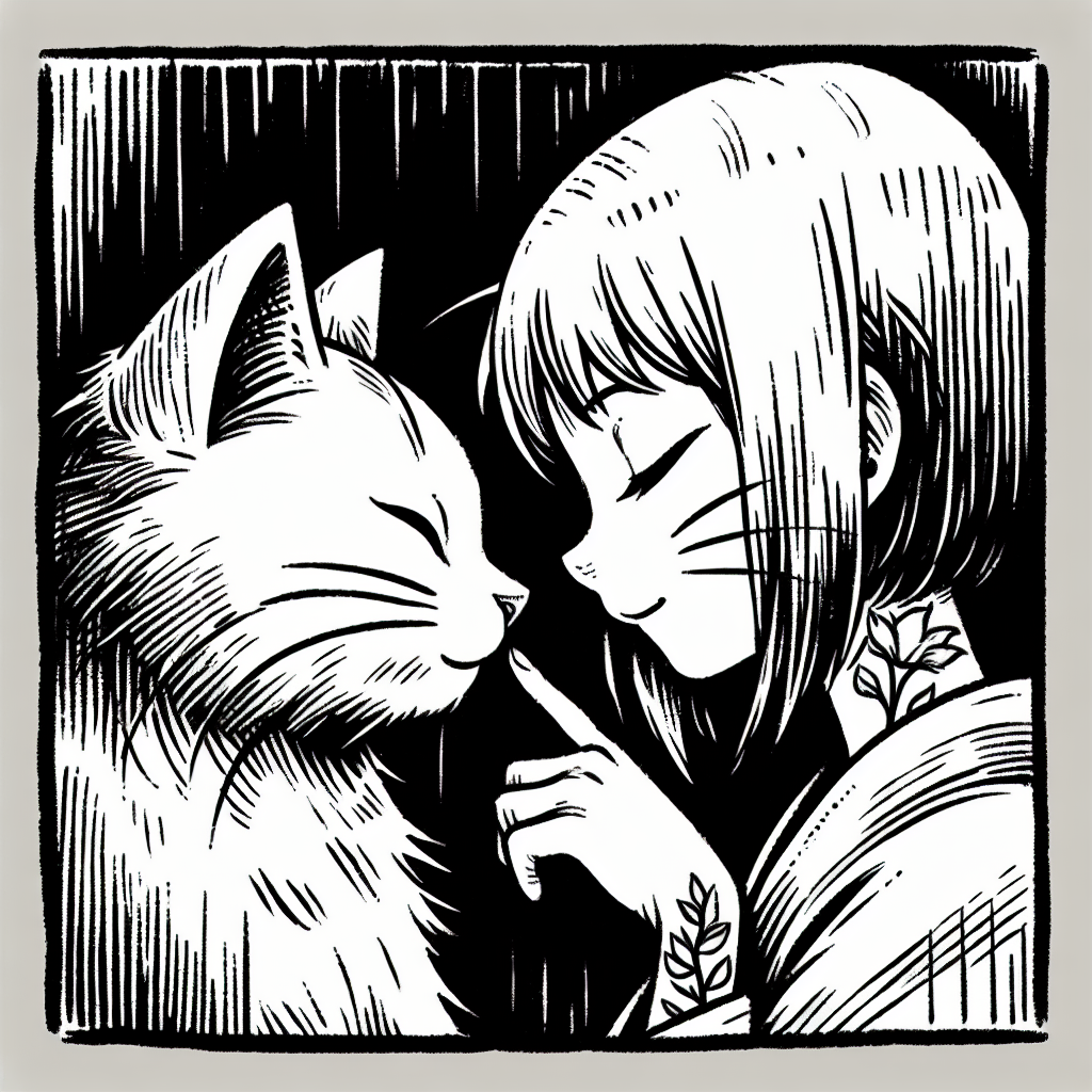 Sketch "Um gato com uma menina encostando os narizes, estilo manga, quadrado, mostrando apenas as cabeças" Tattoo Design