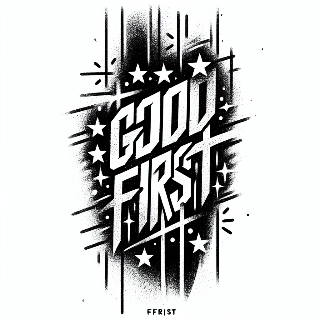 Sketch "God First in text with starts and shadows background" Tattoo Design