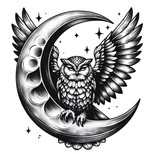 Crescent Moon Cradling A Detailed Owl With Spread Wings.