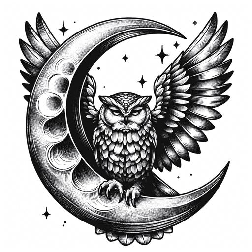 Sketch "Crescent moon cradling a detailed owl with spread wings." Tattoo Design