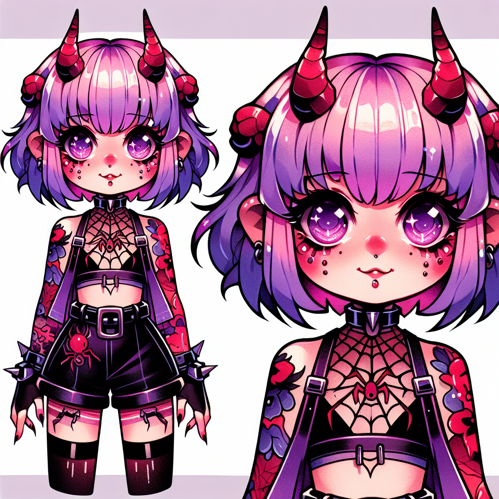 Traditional "Petite adult anime girl with light purple hair, micro bangs with tiny sharp red horns, purple and pink eyes wearing black short shorts with a thigh strap, a spider web crop top, and long boots" Tattoo Design