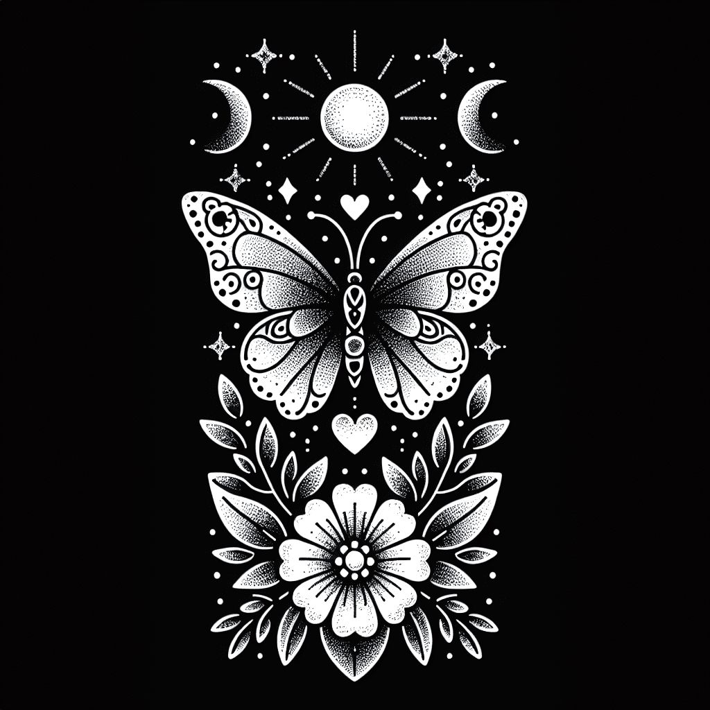 Dotwork "uma borboleta com uns corações bem pequenos de detalhe, uma flores centralizadas em cima e embaixo bem delicadas e lindas e um sol pequeno em cima da borboleta e uma lua pequena embaixo da borboleta" Tattoo Design