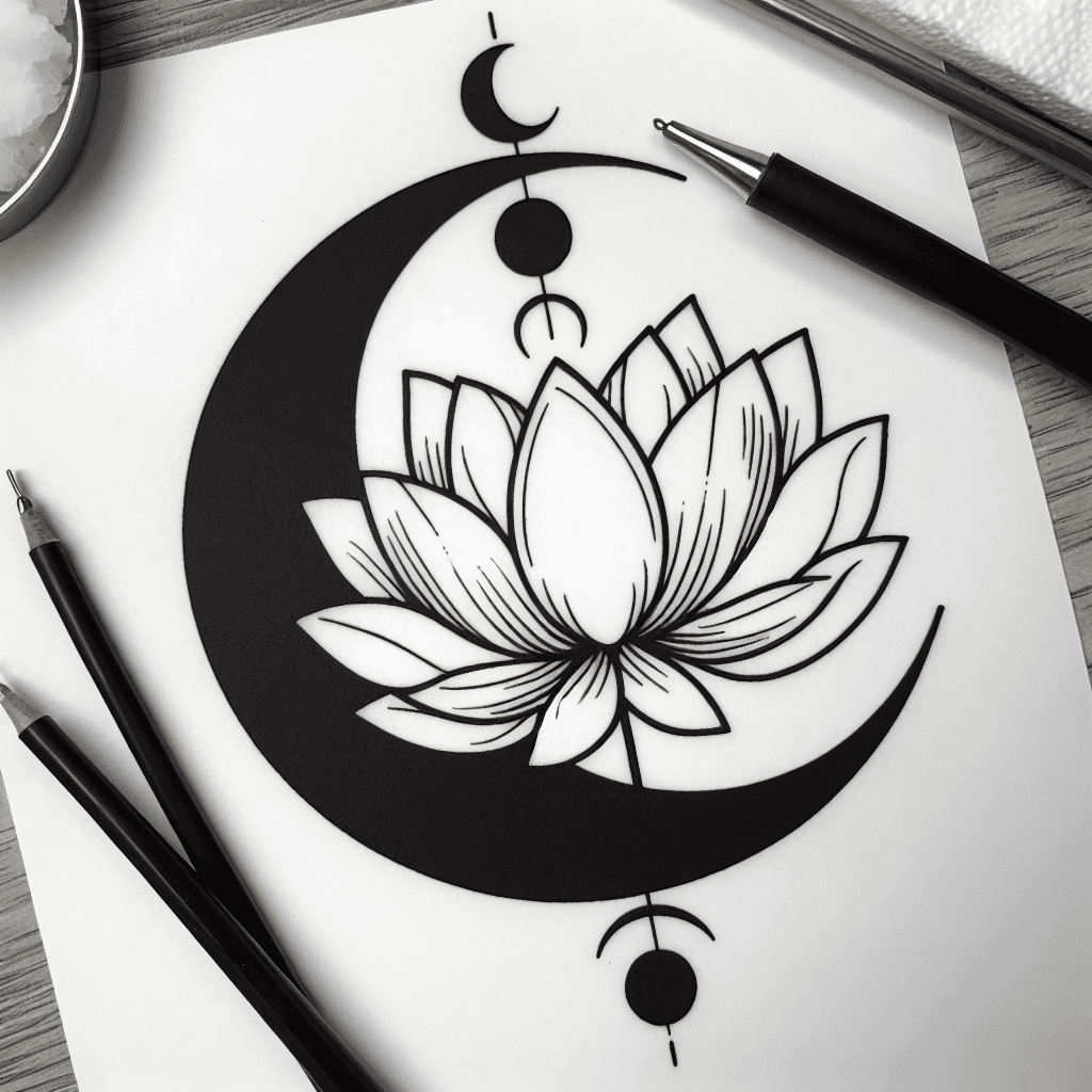 Single line "Lotus moon phase" Tattoo Design