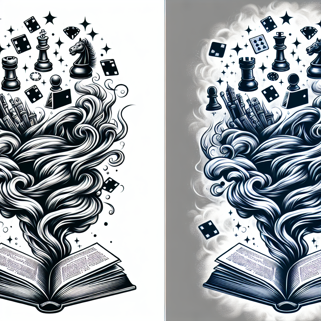 Realism "A tattered book opened with poker chips and chess pieces magically rising up out of it with smoke swirling and fog background" Tattoo Design