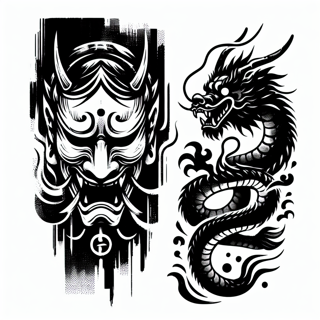 Sketch "hannya mask and dragon" Tattoo Design