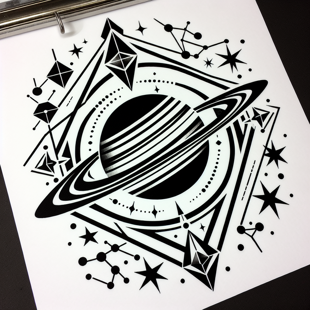 Geometric "Descrição do Desenho:

	1.	Central Element: Saturno será o elemento central, com seus anéis bem definidos.
	2.	Circundando Saturno: Pequenas estrelas e constelações, incluindo a constelação de Capricó" Tattoo Design