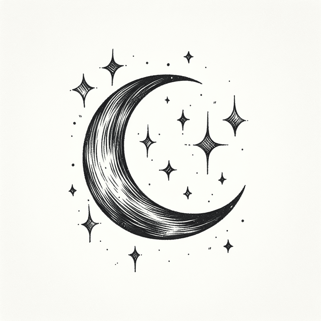 Sketch "minimalist crescent moon surrounded by tiny stars" Tattoo Design