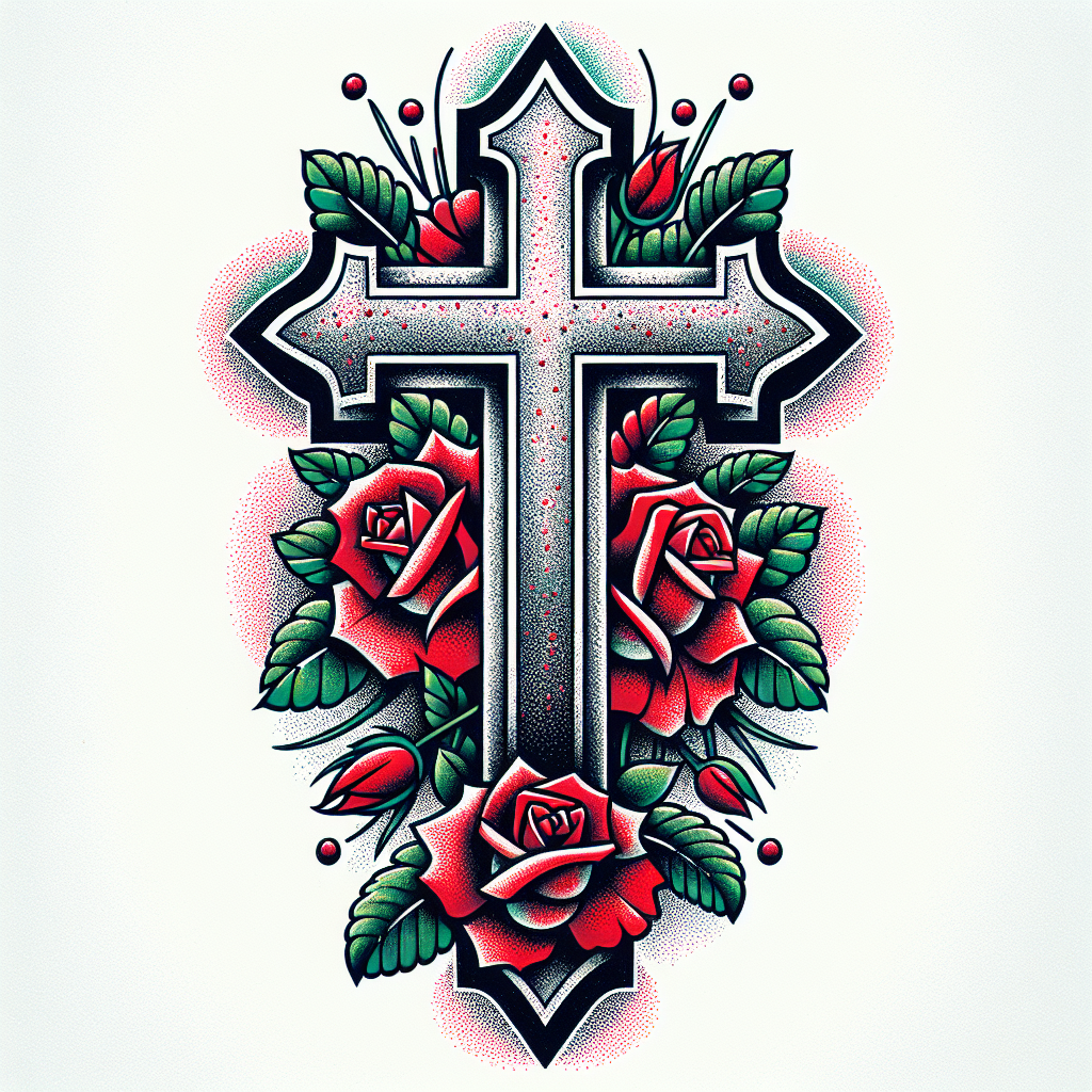 Dotwork "Simple stone Cross with three Red roses and green vines" Tattoo Design