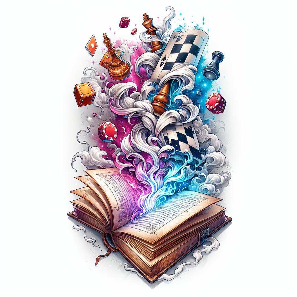 Realism "A tattered book opened with poker chips and chess pieces magically rising up out of it with smoke swirling and fog background" Tattoo Design