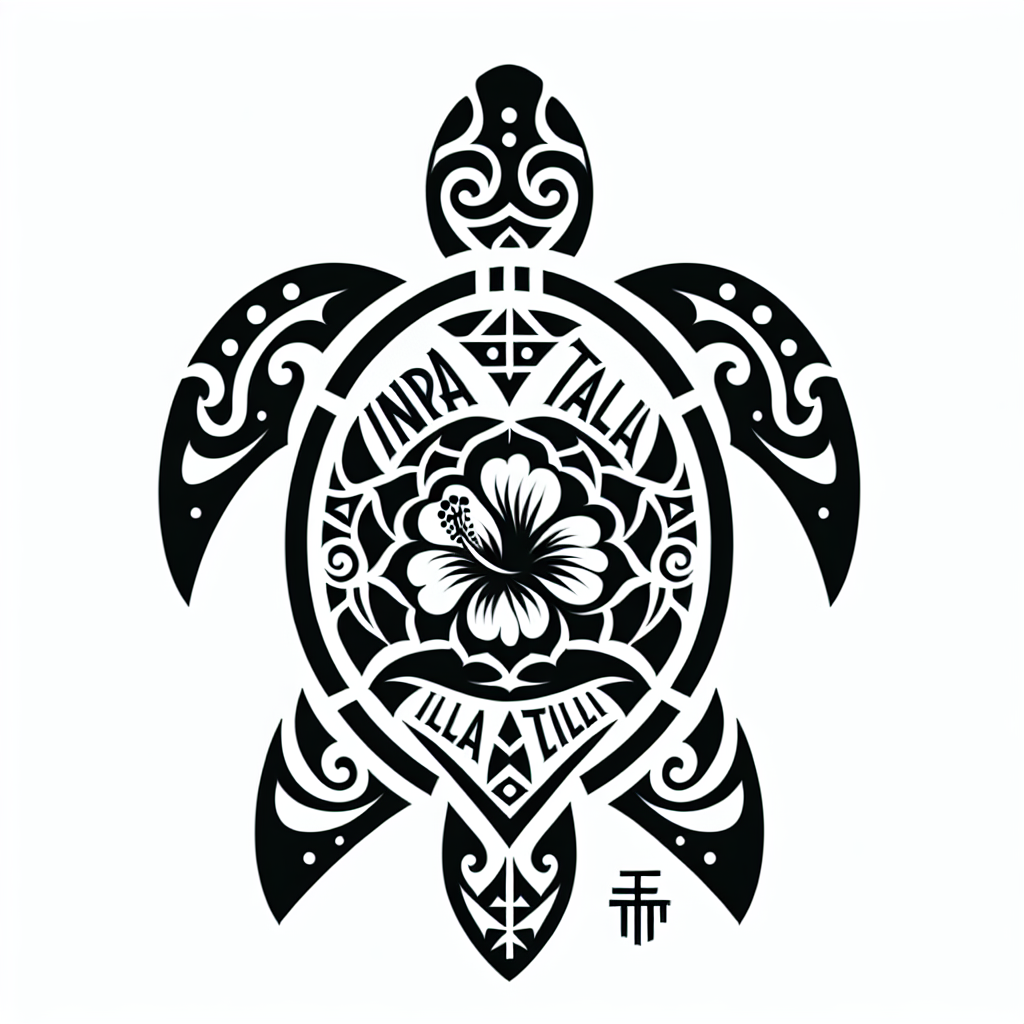 Tribal "a tribal turtle with hibiscus flowers and the names "Indra" and "Talia" in the shell" Tattoo Design