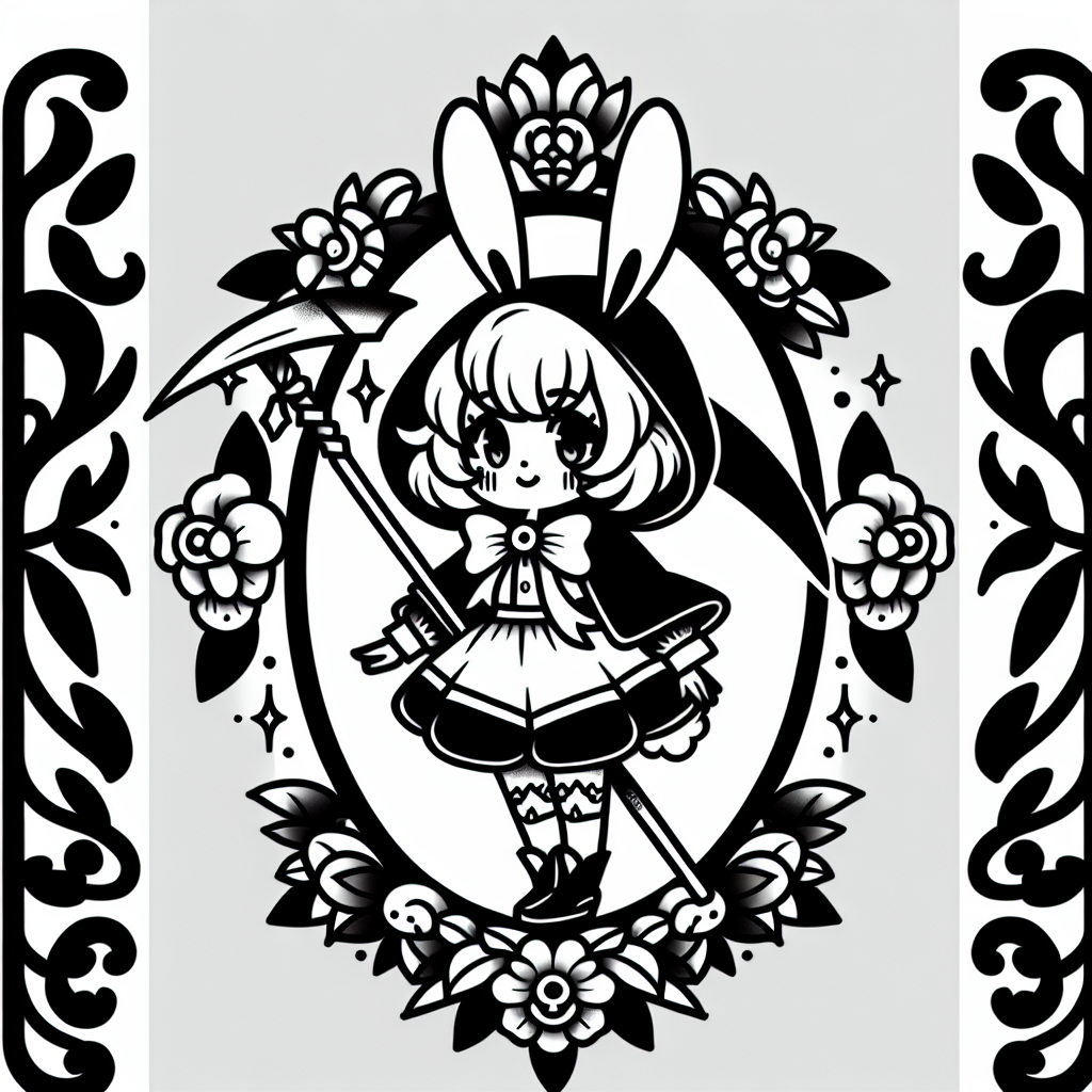 Traditional "anime girl with bunny ears holding a scythe wearing a bunny suit" Tattoo Design