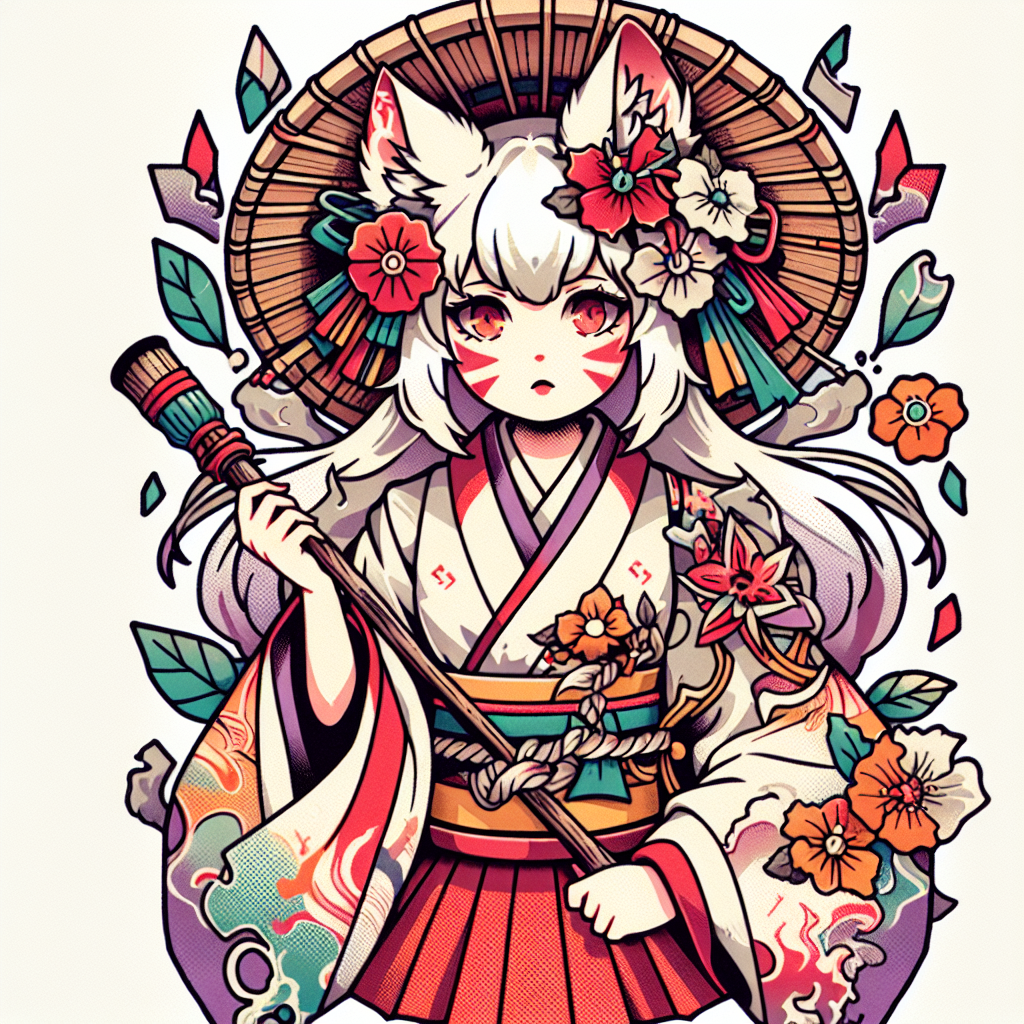 Anime Girl With White Hair And Fox Ears Wearing A Ripped Shrine Maiden Outfit Holding A Wand