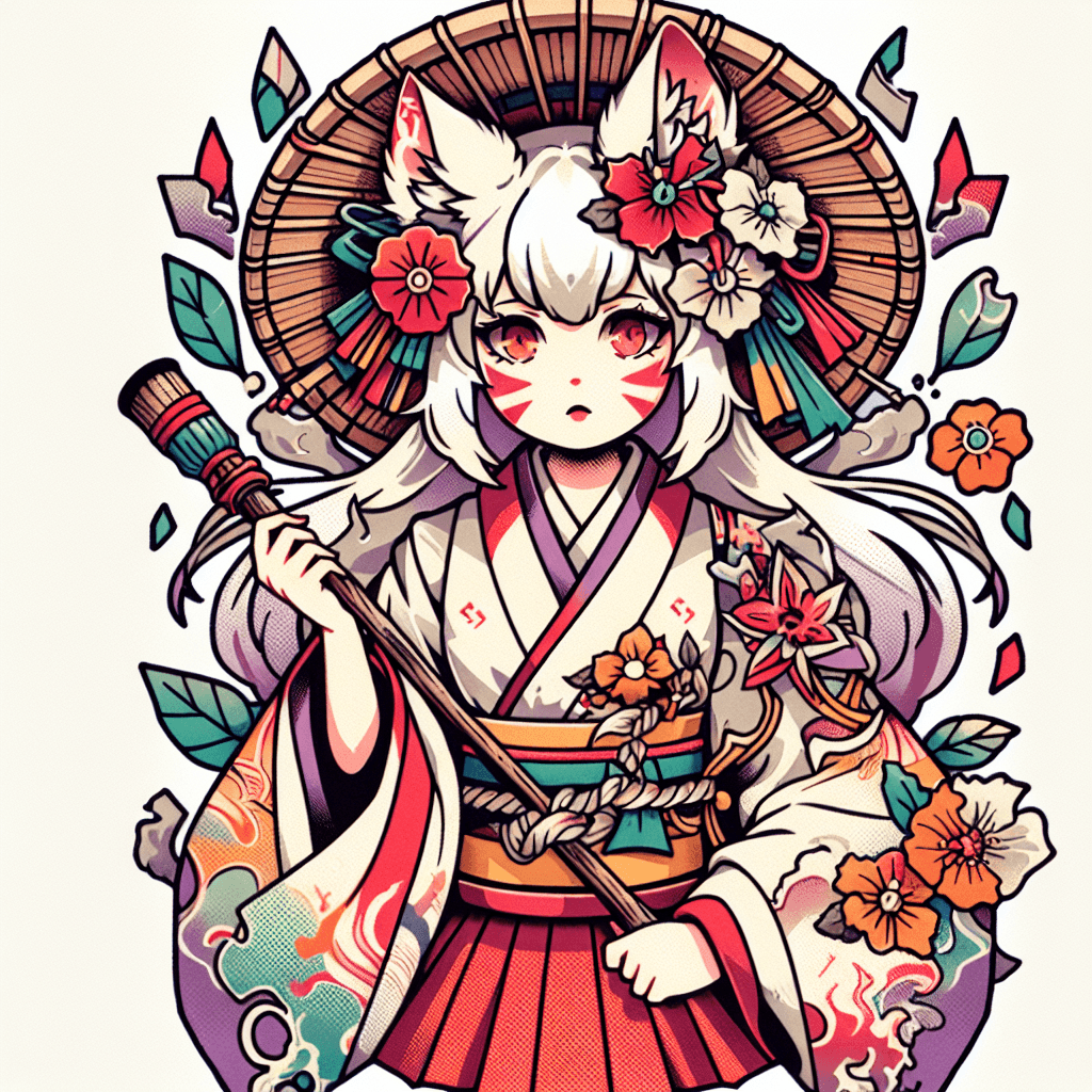 Traditional "anime girl with white hair and fox ears wearing a ripped shrine maiden outfit holding a wand" Tattoo Design