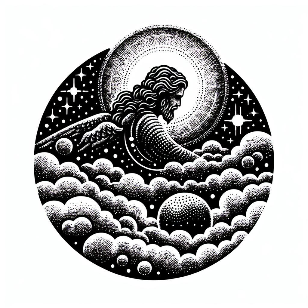 Dotwork "Angel in the clouds looking down at earth" Tattoo Design