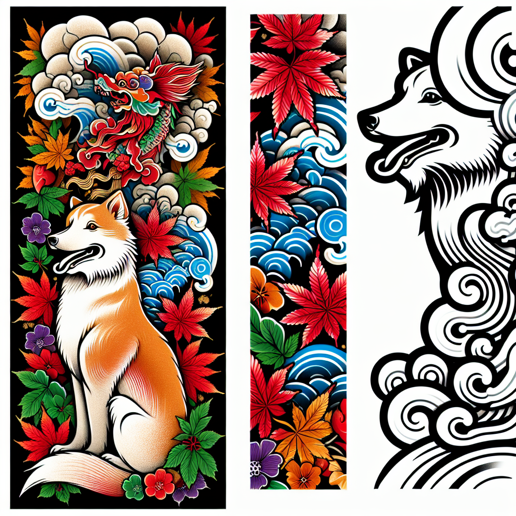 Japanese "Food dog with maple leaves and a waterfall in the background" Tattoo Design