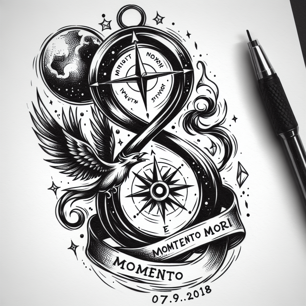 Sketch "Kompass als Unendlichkeitszeichen mit Universum, Phönix, Wassermann als Sternzeichen mit dem Spruch Momento mori mit Geburtsdatum 07.09.2018" Tattoo Design