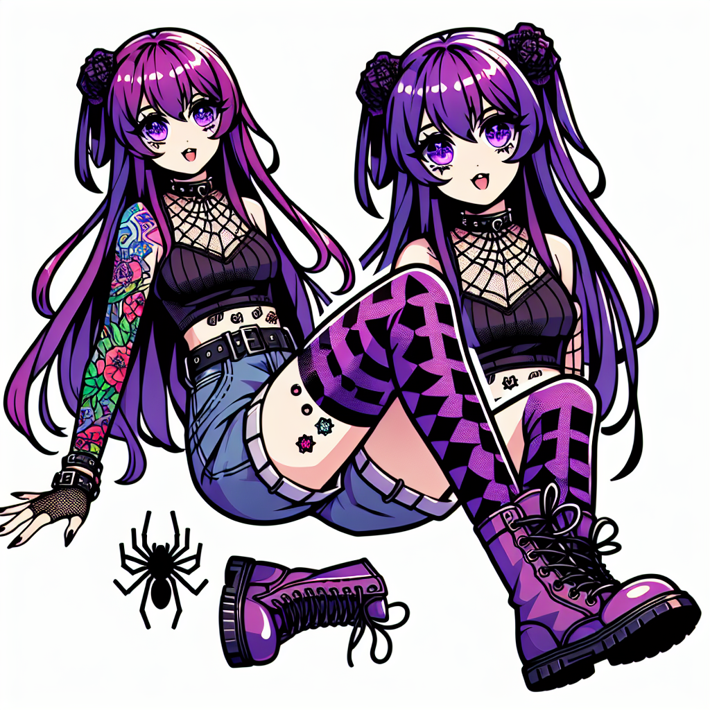 Anime Girl With Purple Hair And Blinding Bangs With Purple Eyes Wearing Skintight Shorts, A Spiderweb Crop Top, Thigh High Socks, And Knee-high Combat Boots