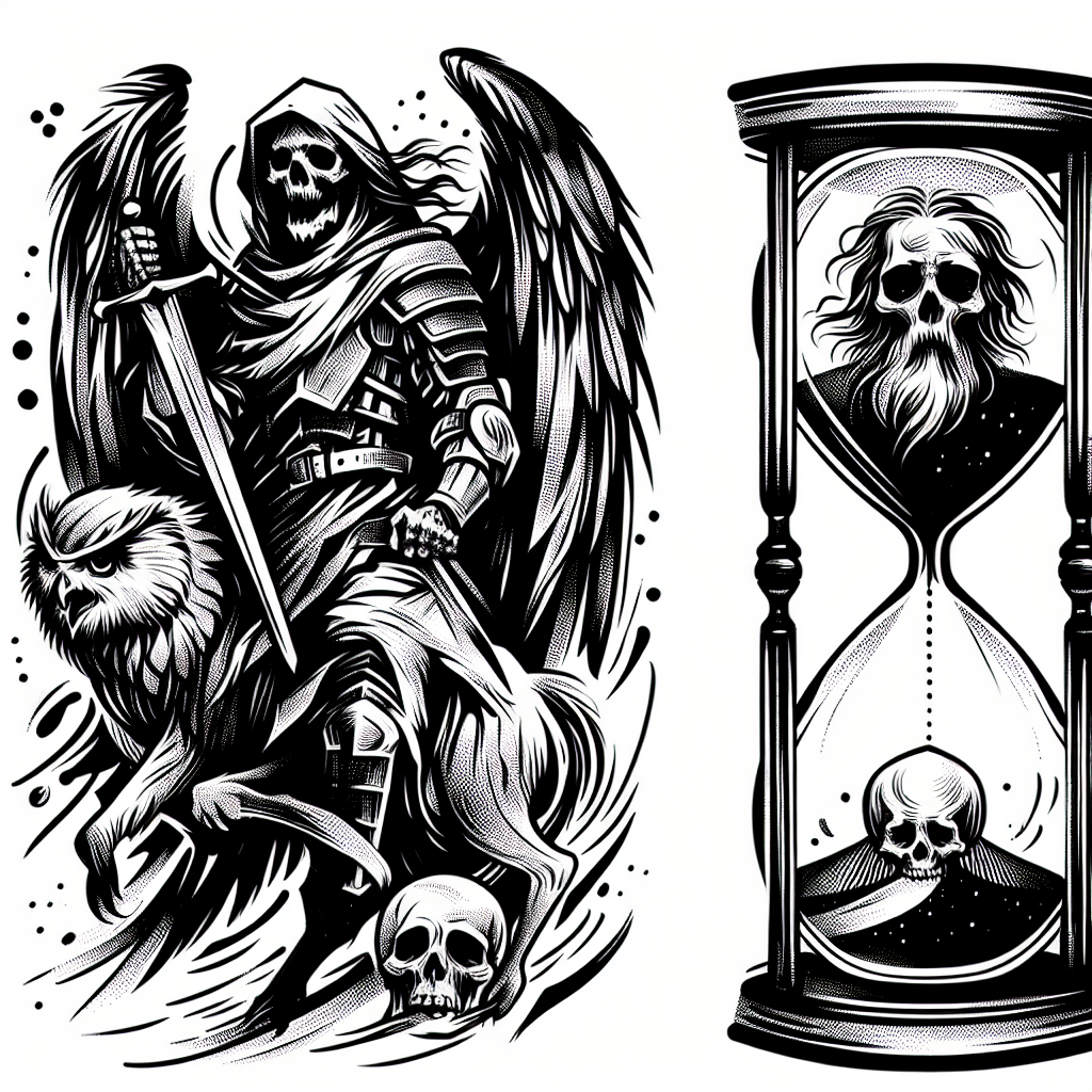 Sketch "A warrior, owl defeating death also including a skull and a sandclock." Tattoo Design