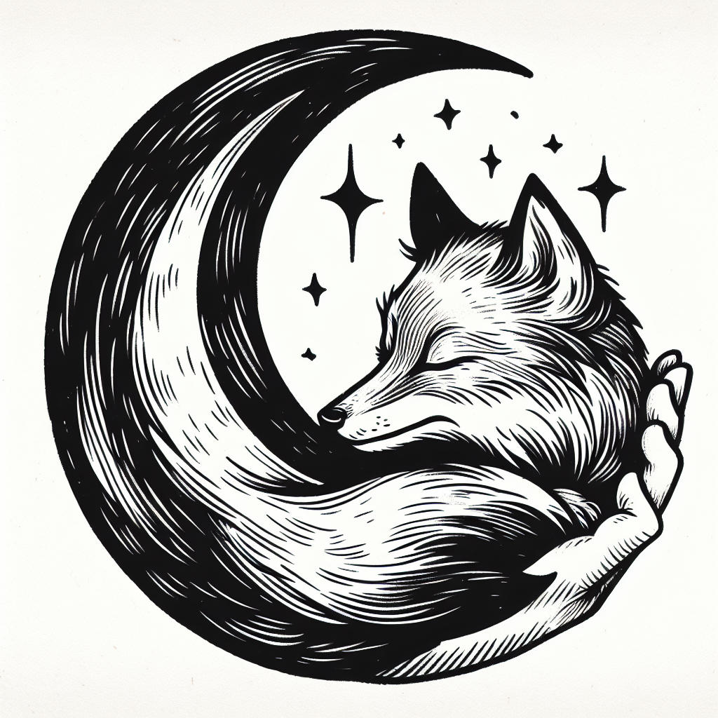 Sketch "crescent moon cradling a sleeping fox." Tattoo Design