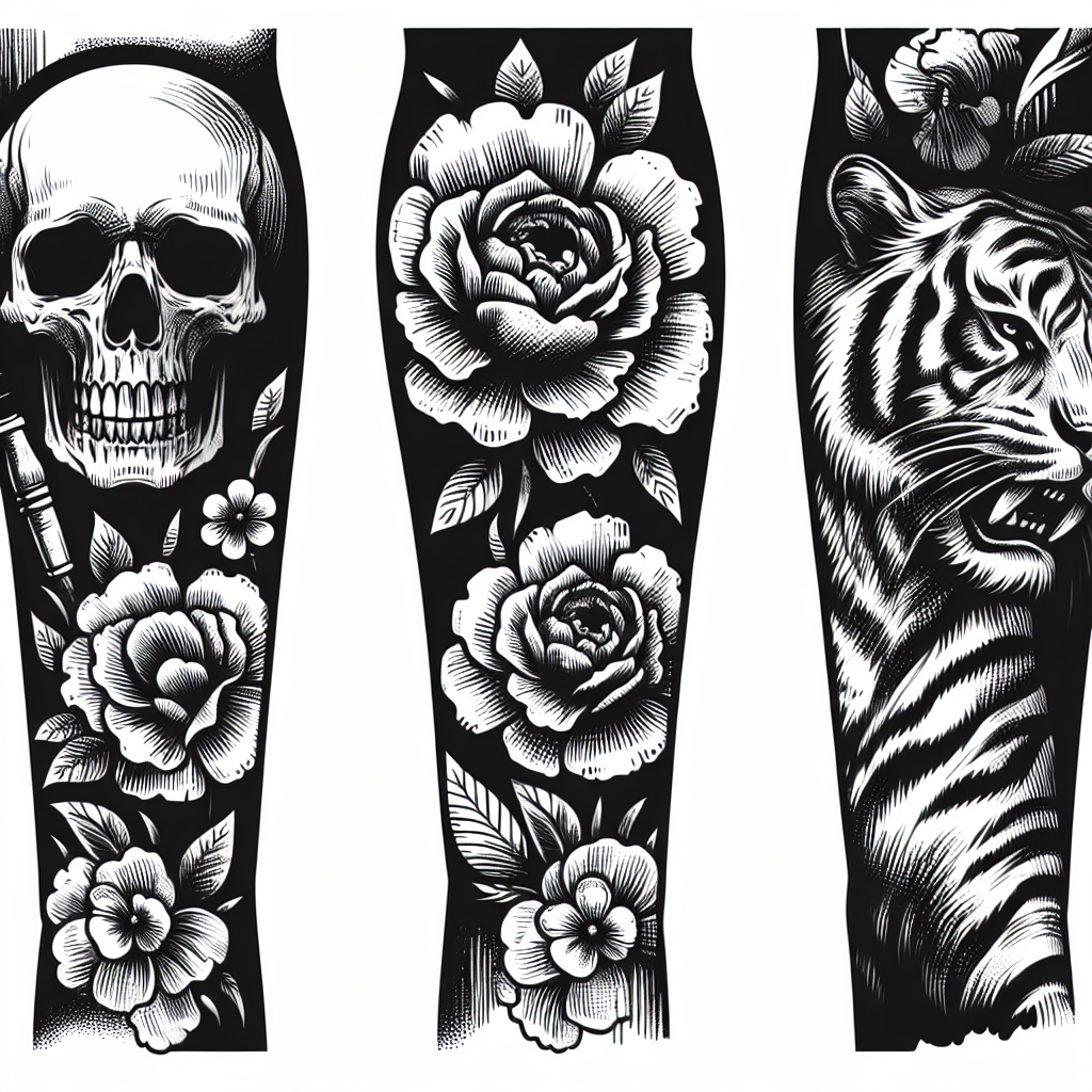 Full Forearm Tatoo With Skull, Flowers, A Tiger