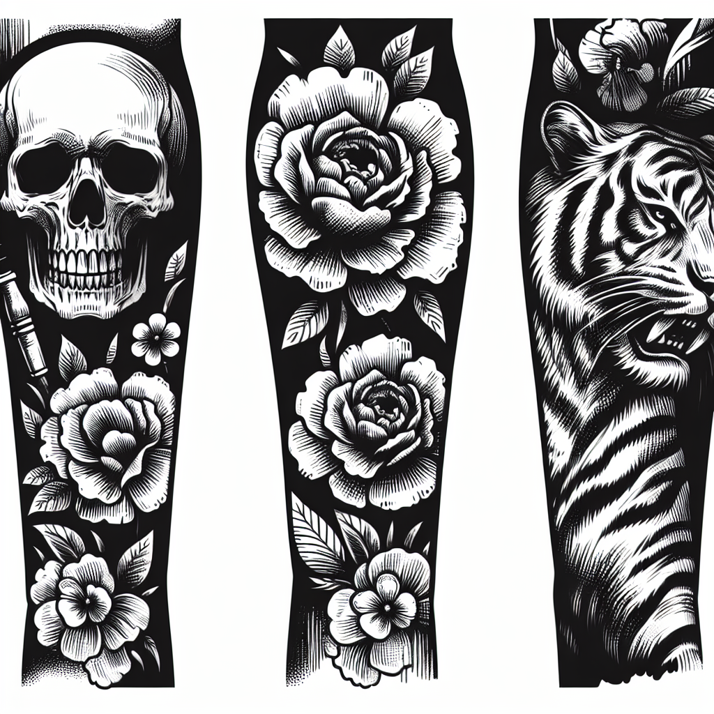 Sketch "Full forearm tatoo with skull, flowers, a tiger" Tattoo Design