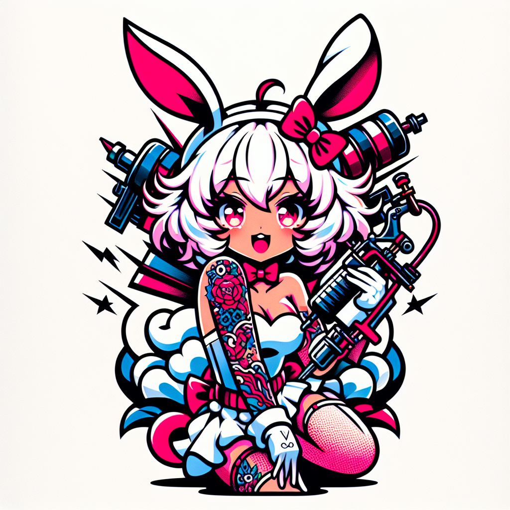 Traditional "Anime Girl With White Cloud Hair And Bunny Ears With Pink Eyes, plump lips and long eyelashes Holding A Tattoo Gun Machine" Tattoo Design