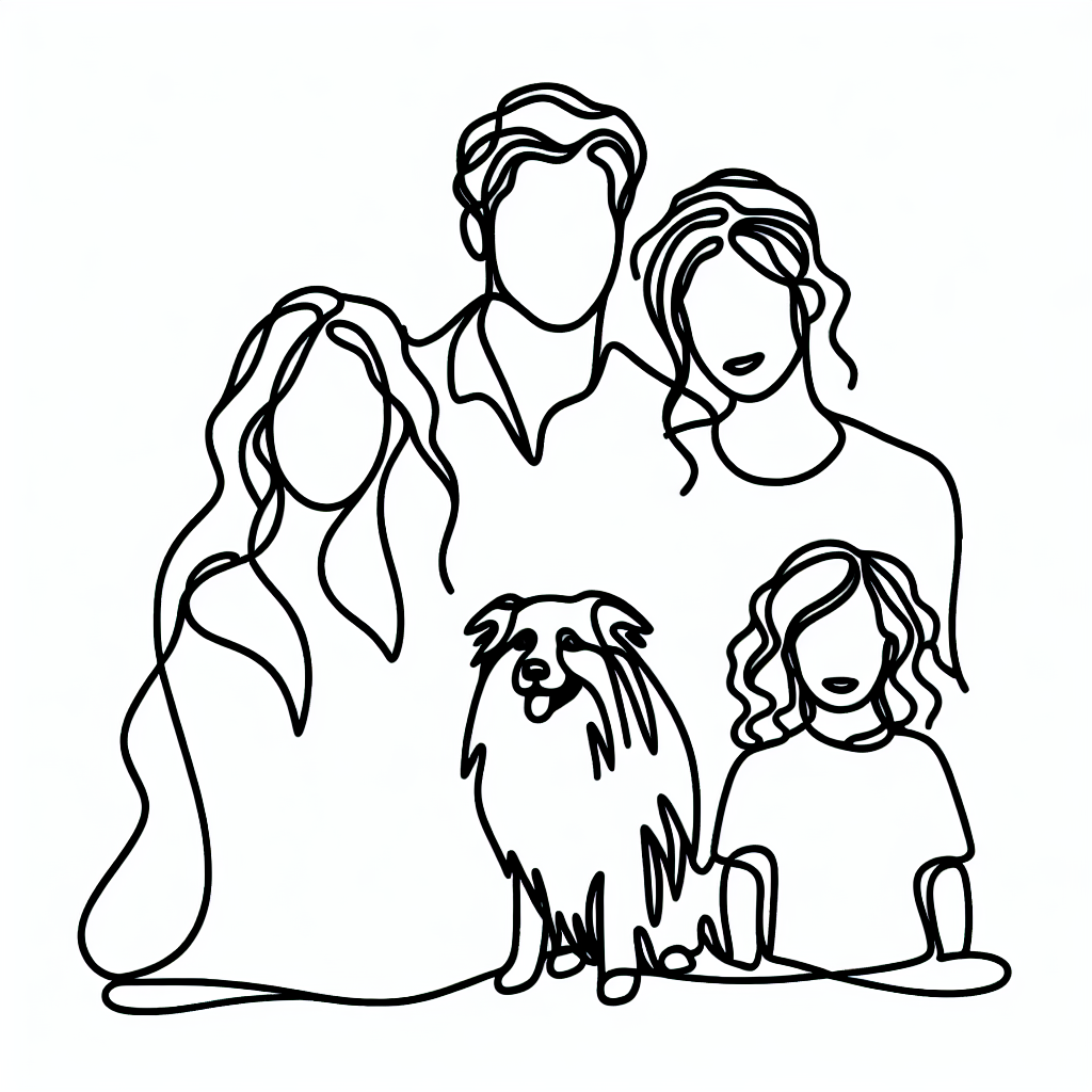 Single Line Tatoo Showing My Australian Shepheard, My Daughter, My Son And My Wife