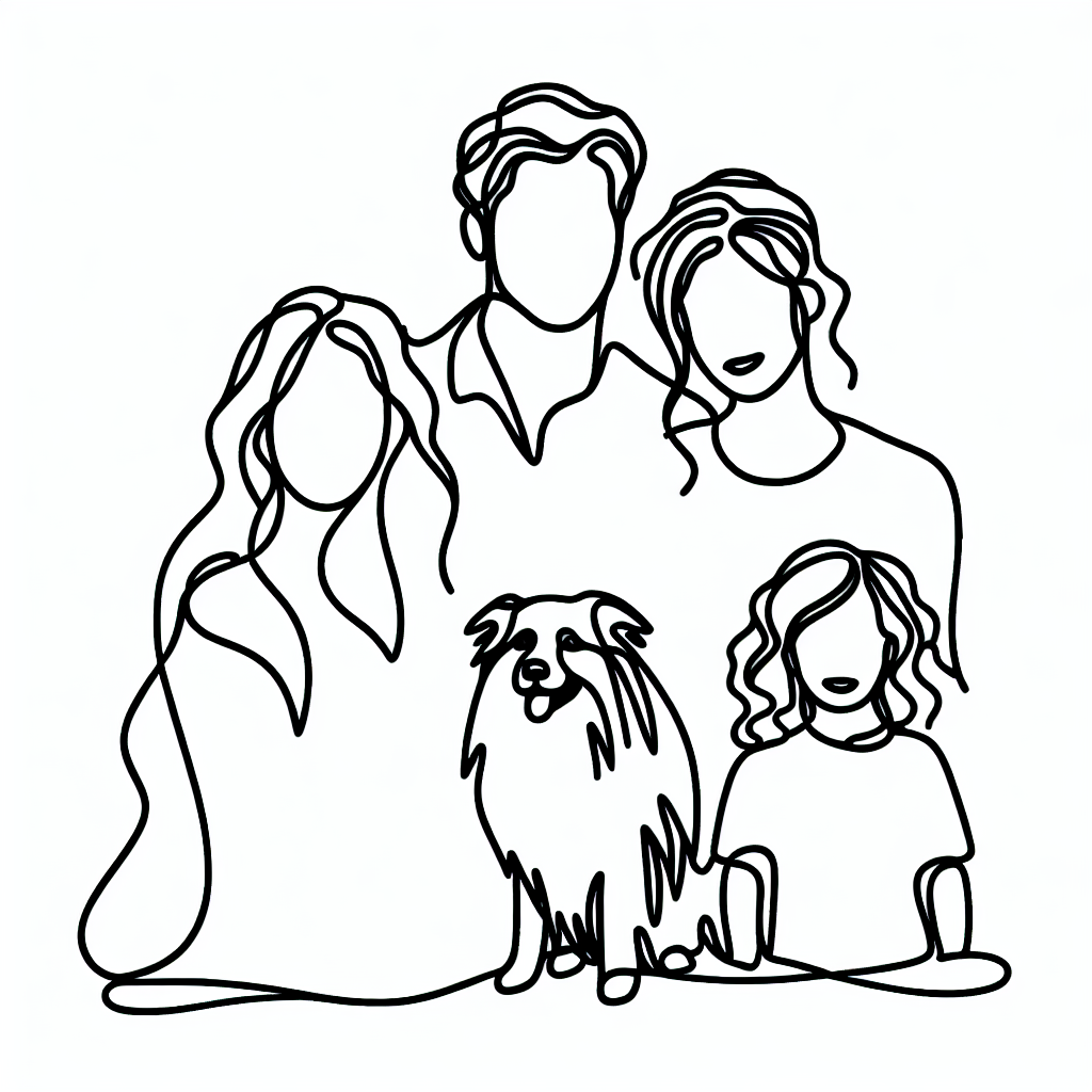 Single line "Single Line Tatoo showing my australian shepheard, my daughter, my son and my wife" Tattoo Design