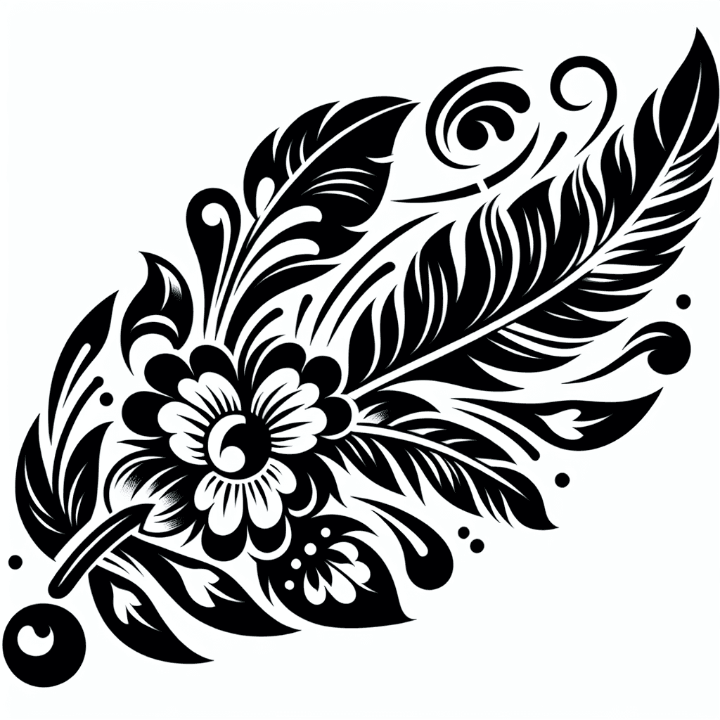 Traditional "Fancy feathers with flowers flowing from it" Tattoo Design