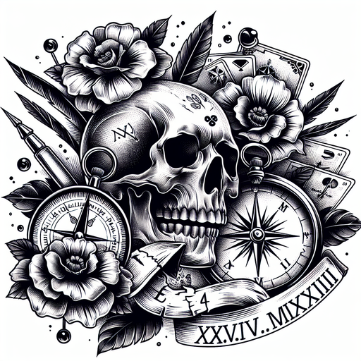 Sketch "a skull with flowers, compass, cards, the text "XX.IV.MMXIII"" Tattoo Design