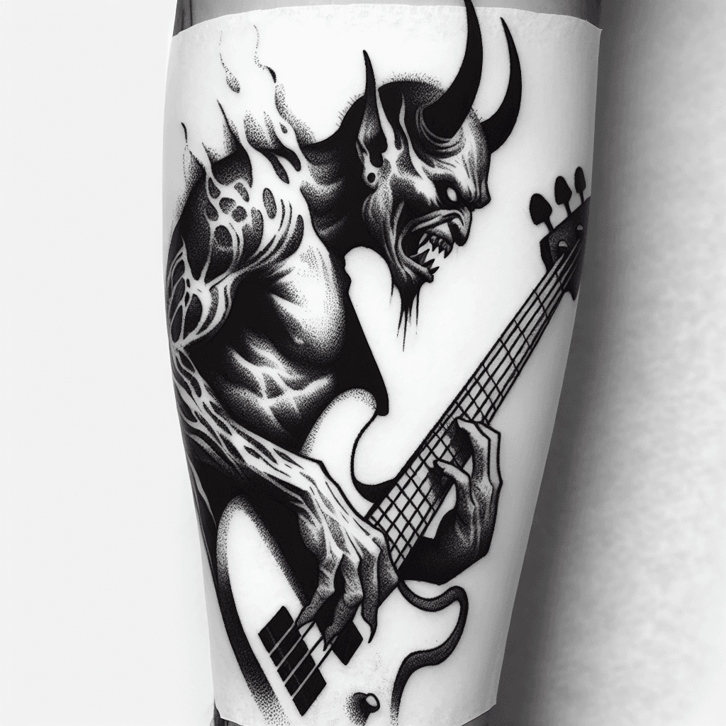 Sketch "a sleeve tattoo design idea with an ink style transfer design featuring a demon playing a bass guitar this will be for the Upper arm:
 * The demon's head should be positioned facing forward" Tattoo Design