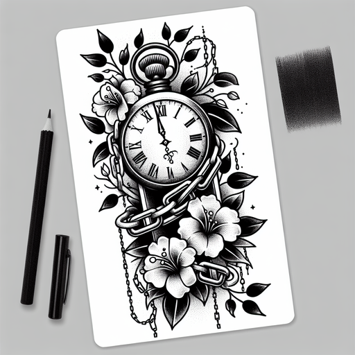 A Clock With Its Hands Bound By Chains, Enveloped By Flourishing Vines And Blooming Flowers, Symbolizing The Eternal Struggle Between Time And Nature.