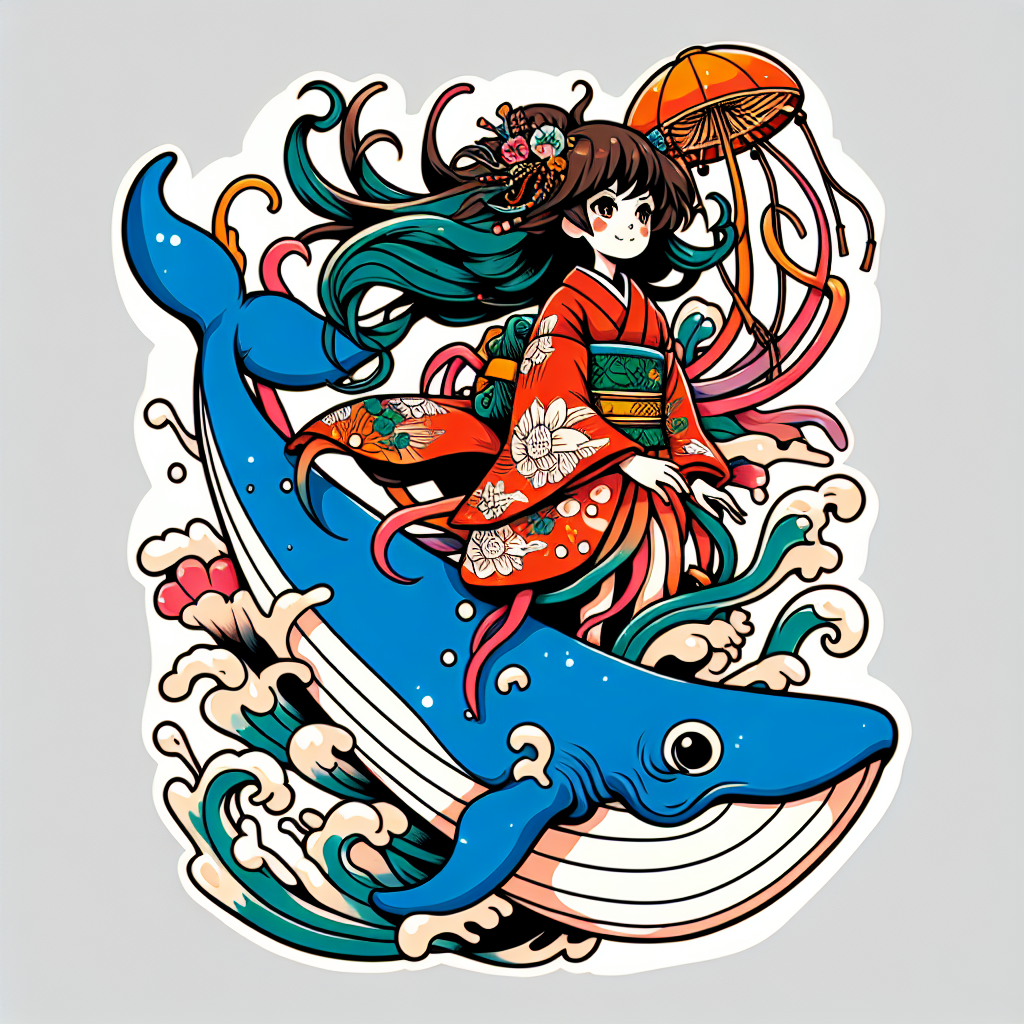 Traditional "anime girl with jellyfish hair riding a whale" Tattoo Design