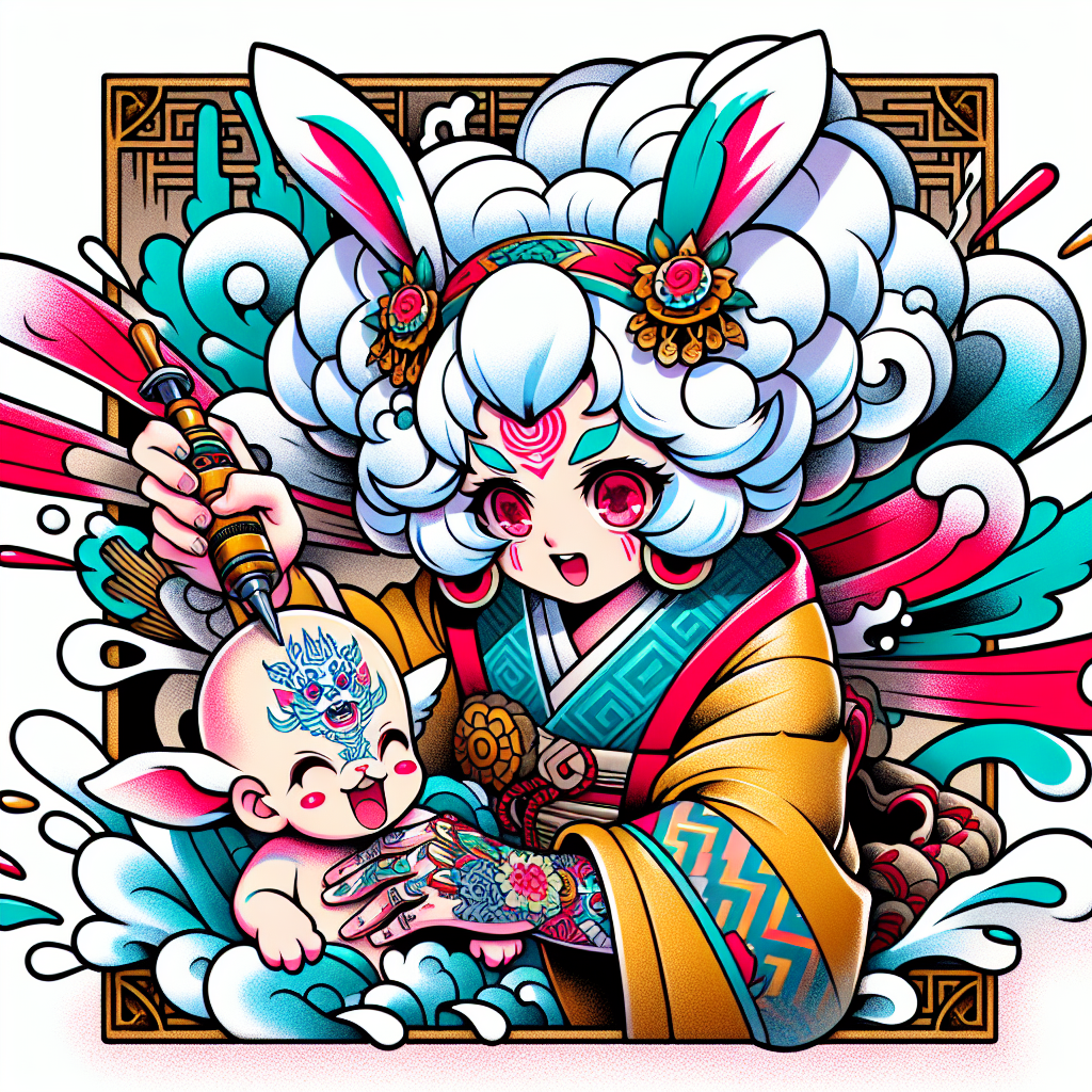 Anime Girl With White Cloud Hair And Bunny Ears With Pink Eyes Tattooing A Baby